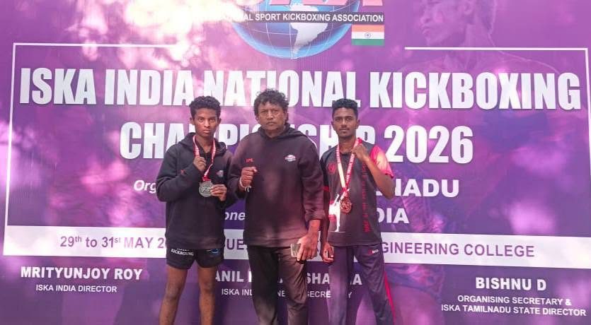 Master Wasantha with medallists at the ISKA India National Kickboxing Championship 2026